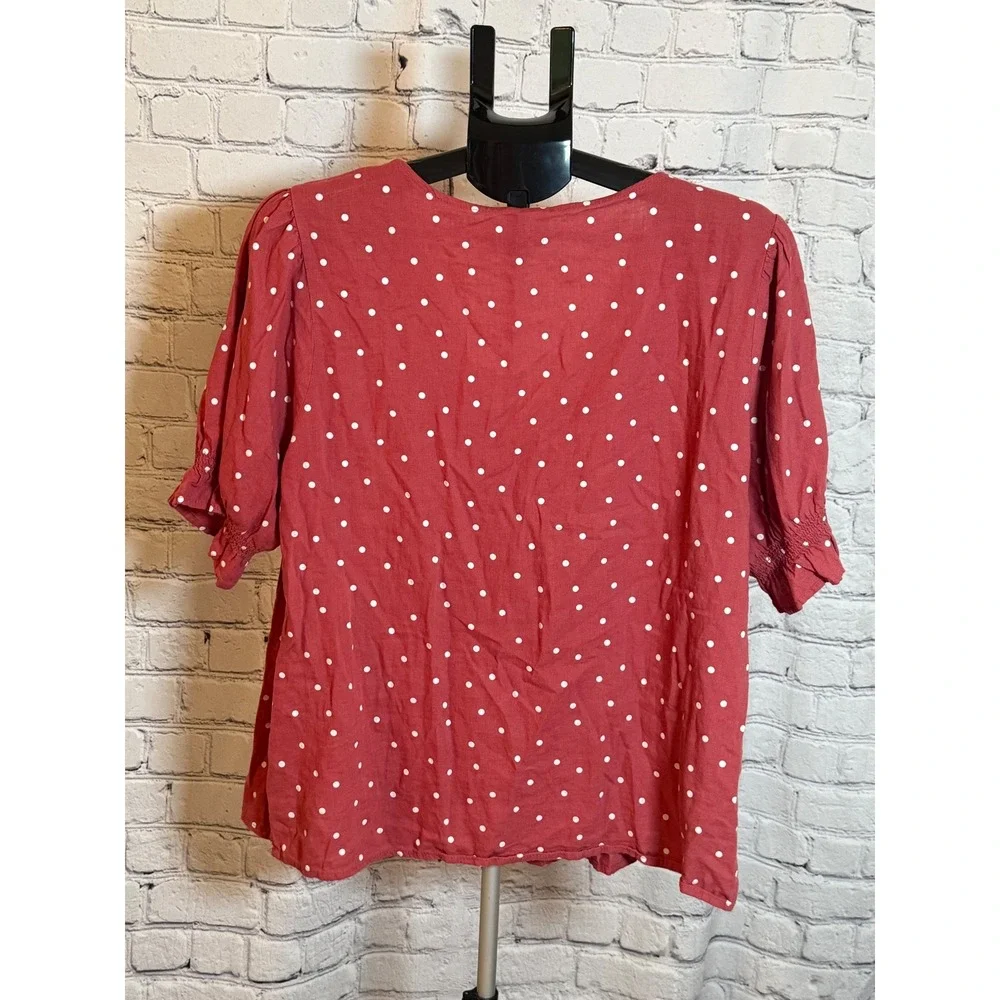 Old Navy Red Polka Dot Linen Blend Pintuck Puff Sleeve Blouse Womens XL